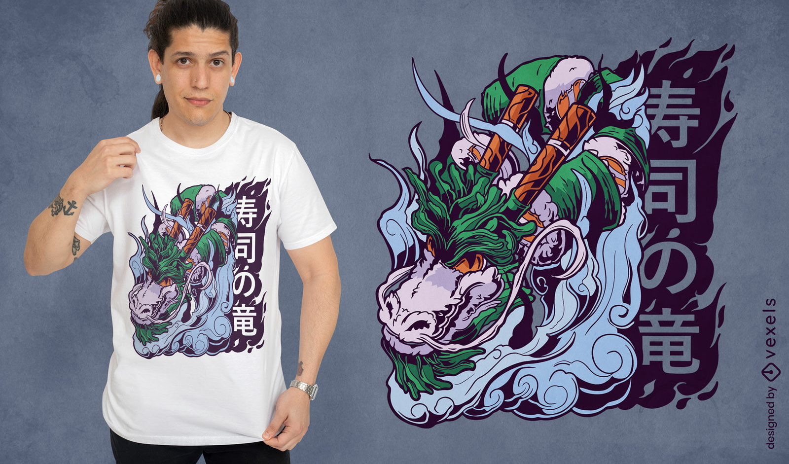 Diseño de camiseta de dragón de sushi japonés.