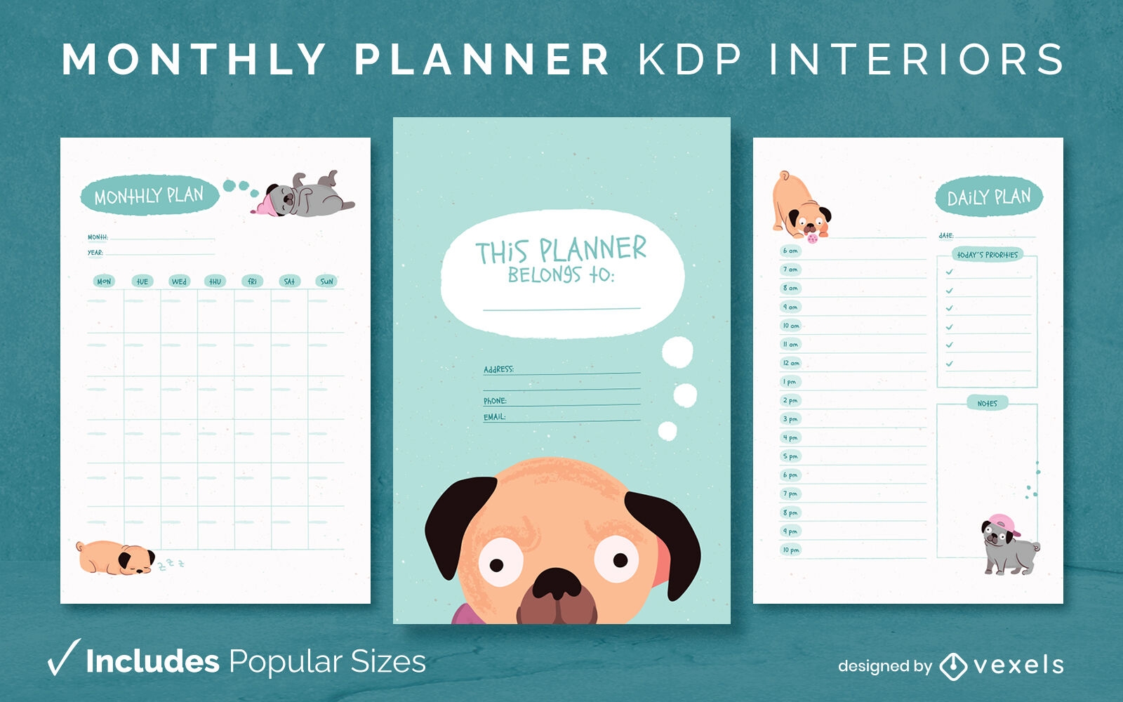 Pug dog planner Diary Design Template KDP