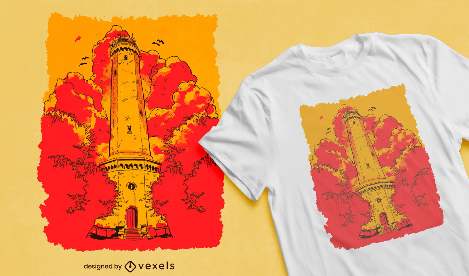 Torre alta del faro con diseño de camiseta de árboles.