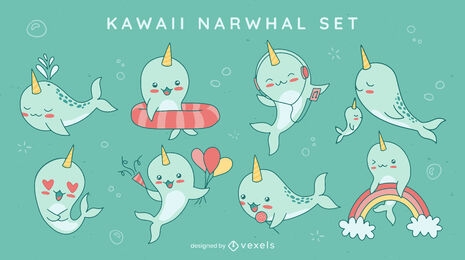 Conjunto kawaii de animales marinos de narval feliz