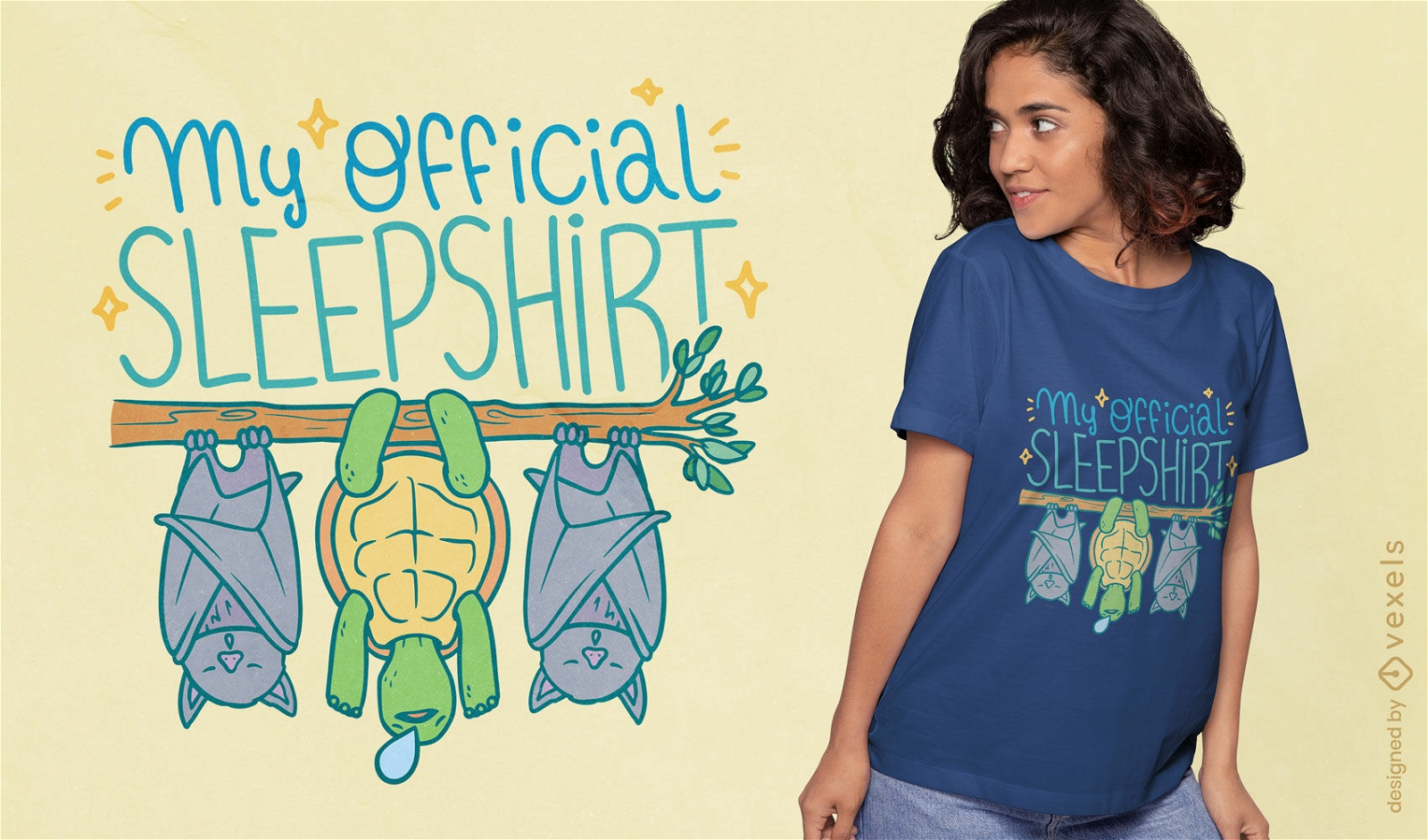 Design de camiseta para dormir de tartaruga e morcegos