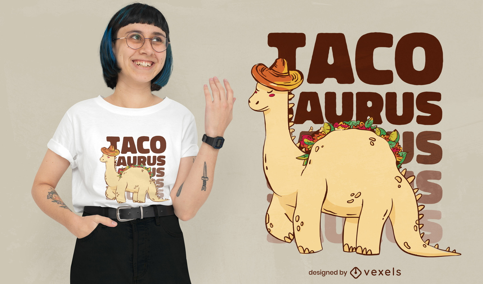 Diseño de camiseta animal de taco de dinosaurio.