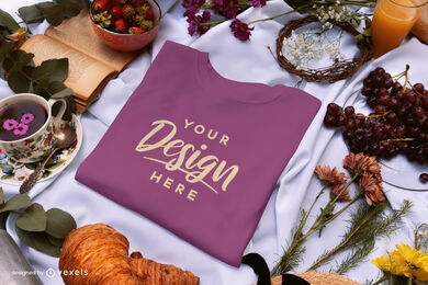 Folded t-shirt on blanket with food mockup