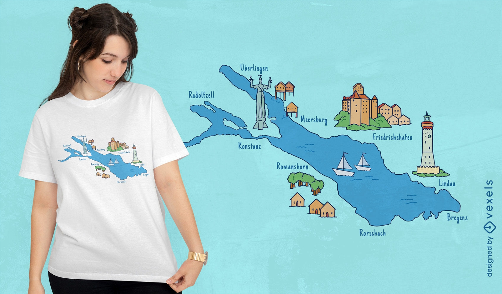 Design de camiseta de mapa de cidades ao redor do lago