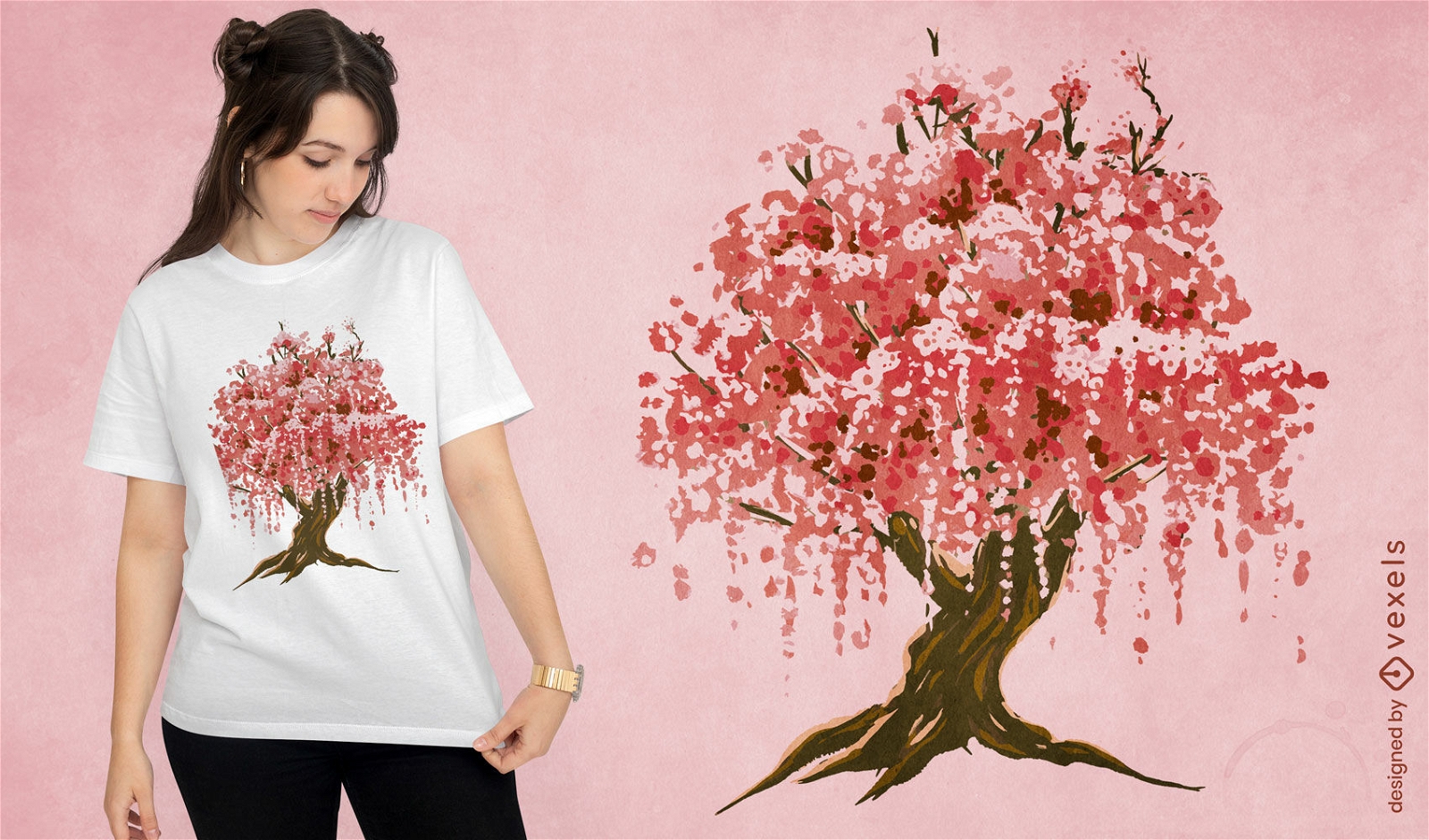 Design de camiseta em aquarela de árvore japonesa Sakura