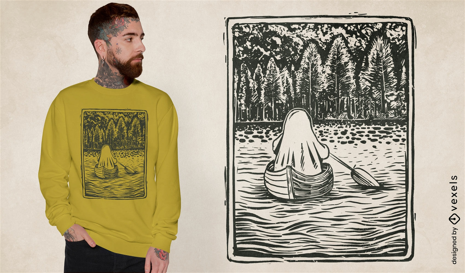 Ghost rowing on a lake t-shirt design