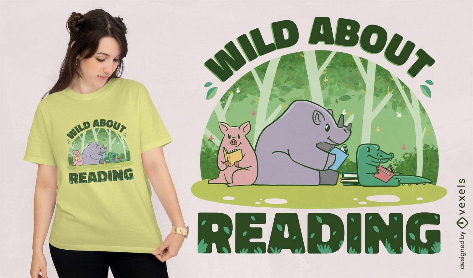 Diseño de camiseta de libros de lectura de animales salvajes.
