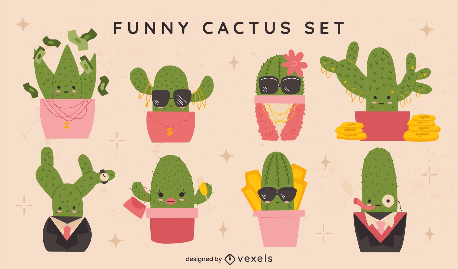 Funny cactus plants cute nature set