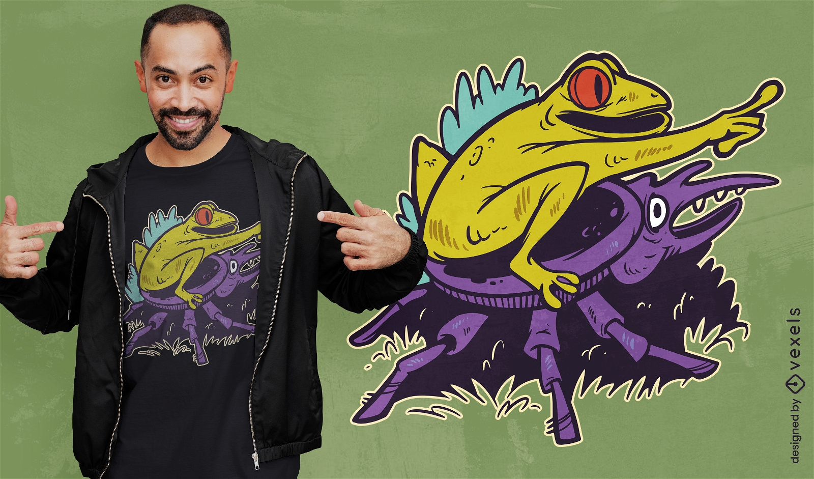 Frog on beetle cartoon t-shirt design