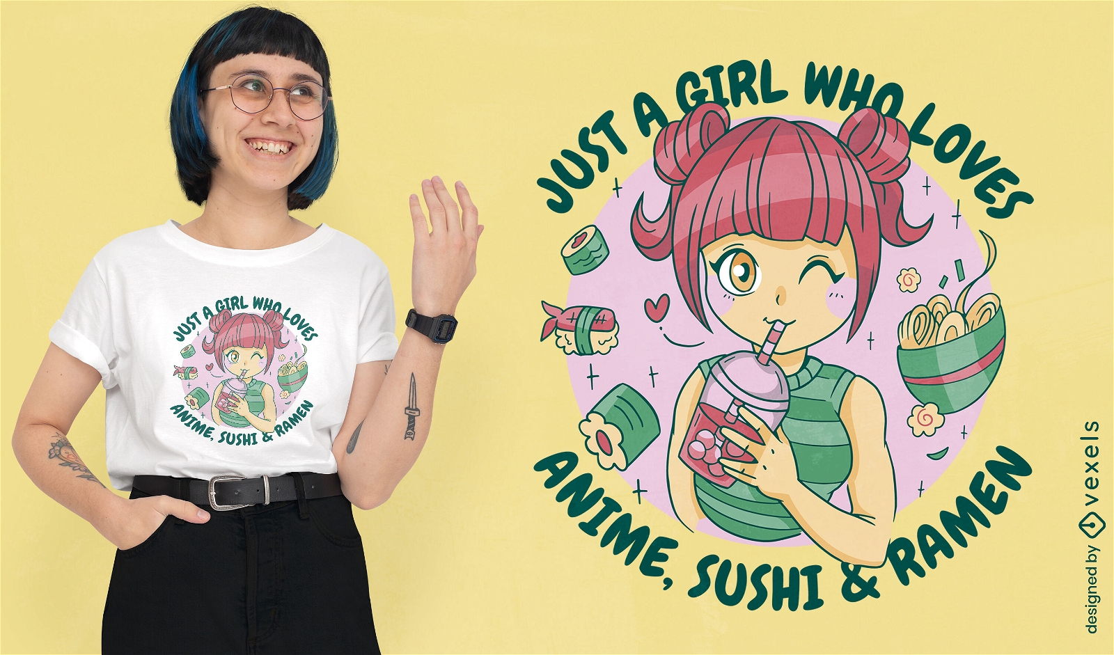 Diseño de camiseta con cita de anime y sushi.