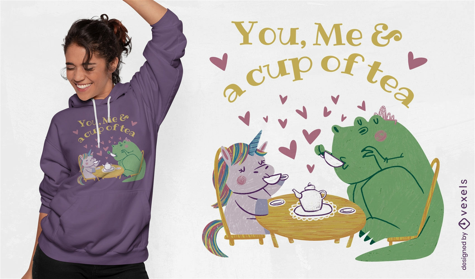 Diseño de camiseta de dinosaurio y unicornio bebiendo té.