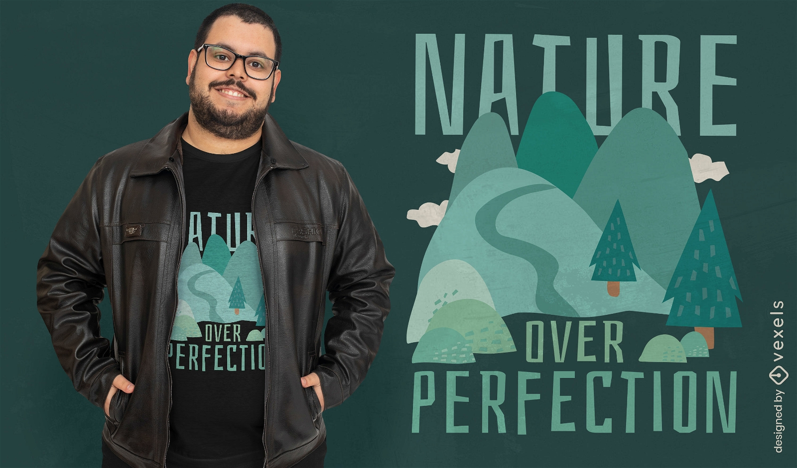Design de camiseta de natureza de montanhas e árvores