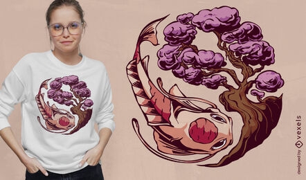 Yin yang koi fish and sakura tree t-shirt design