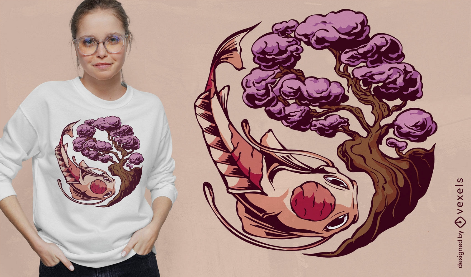 Diseño de camiseta de pez koi yin yang y árbol de sakura