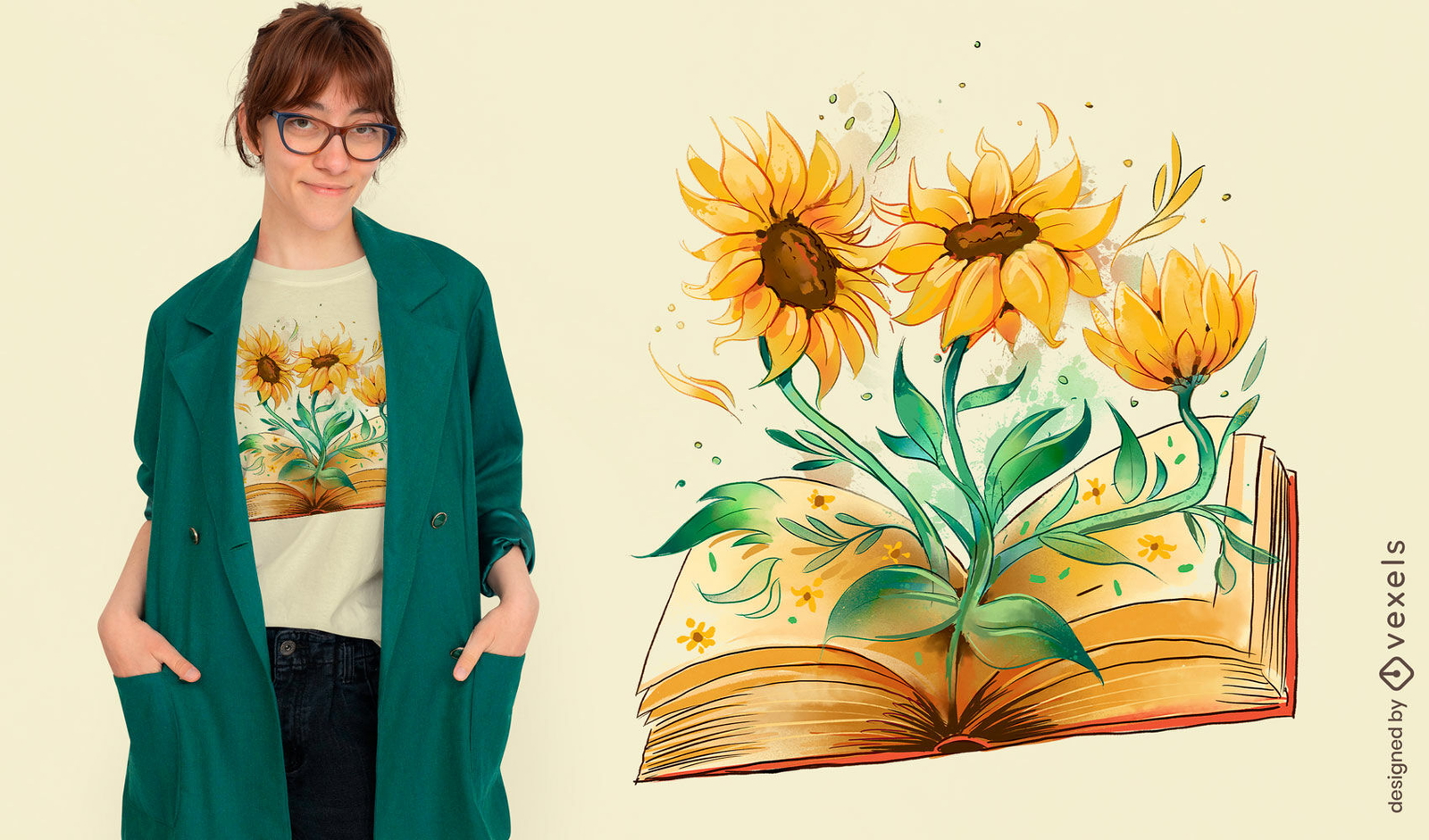 Diseño de camiseta de girasoles saliendo del libro.