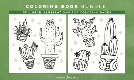Design de páginas de livro para colorir de cactos e plantas