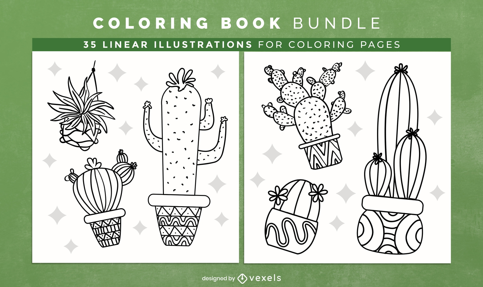 Design de páginas de livro para colorir de cactos e plantas