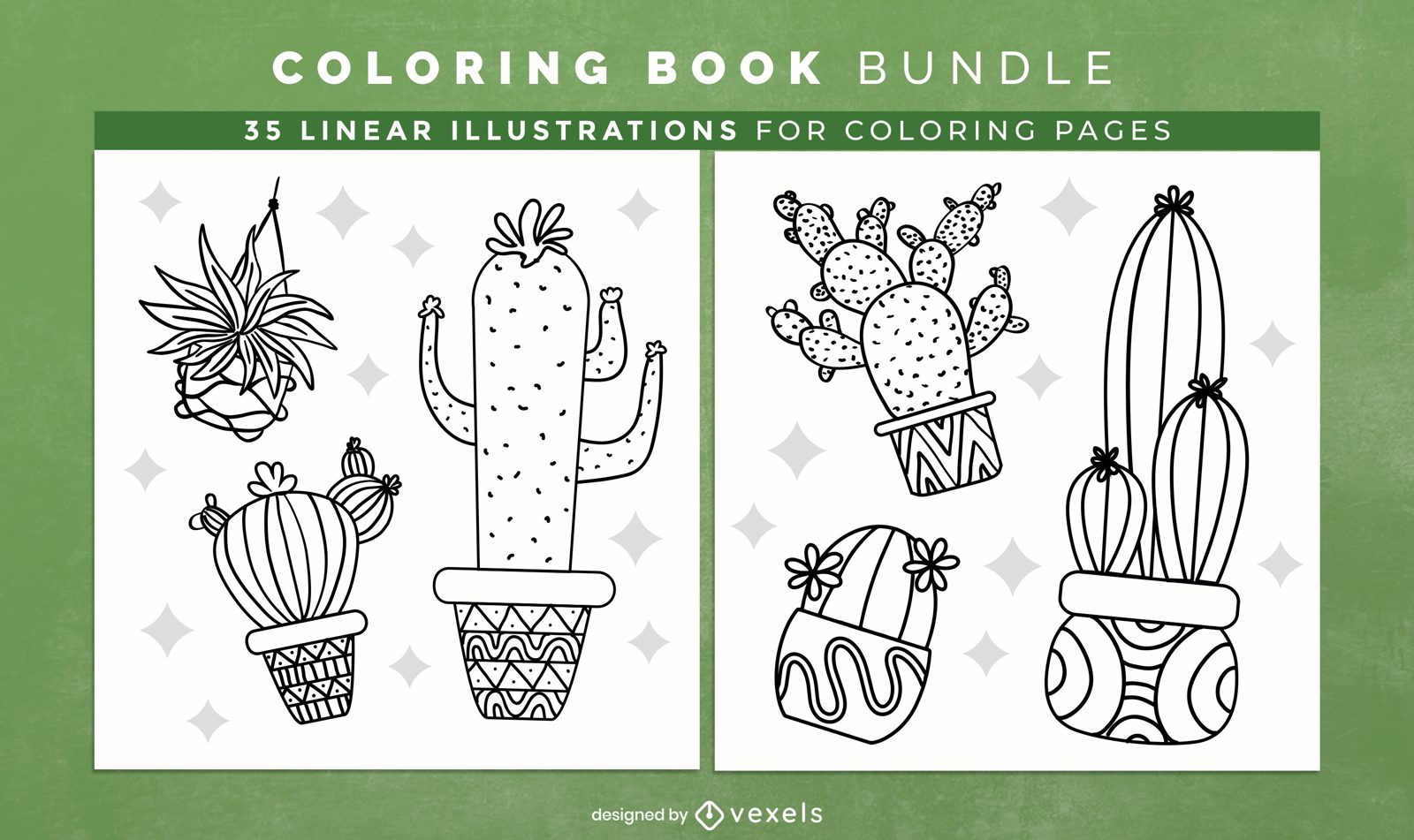 Diseño de páginas de libros para colorear de cactus y plantas.