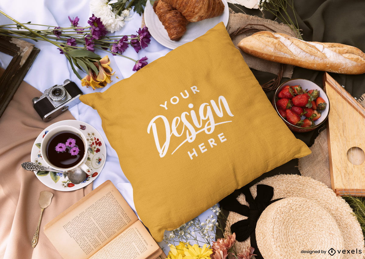 Throw pillow with book and tea mockup