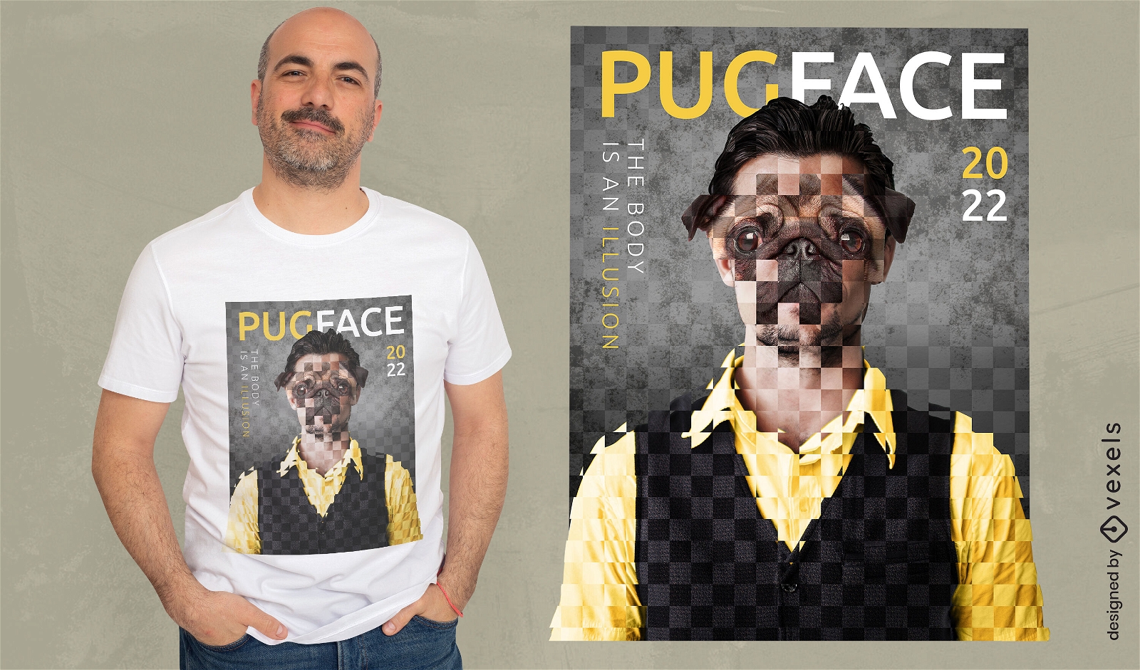 Homem com t-shirt de revista de cara de cachorro pug psd