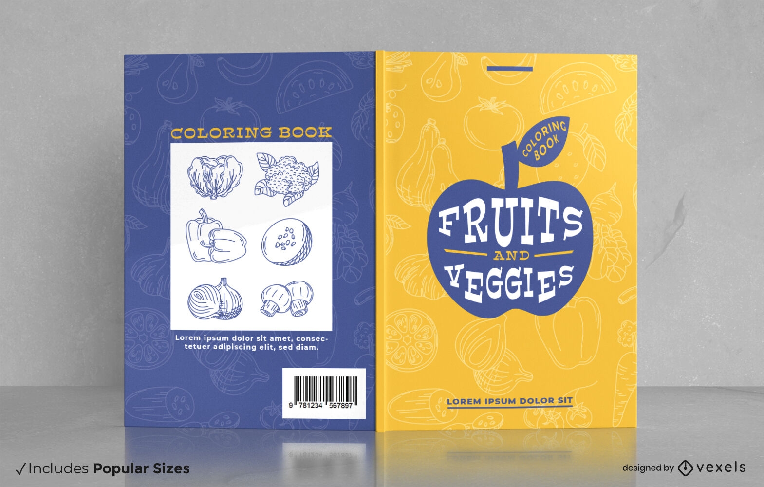Design de capa de livro para colorir de frutas e legumes
