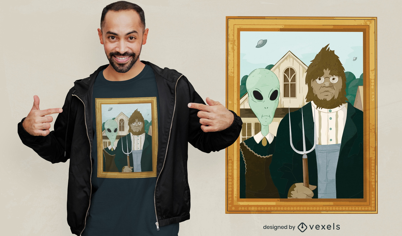 Diseño de camiseta de pintura alienígena y pie grande.