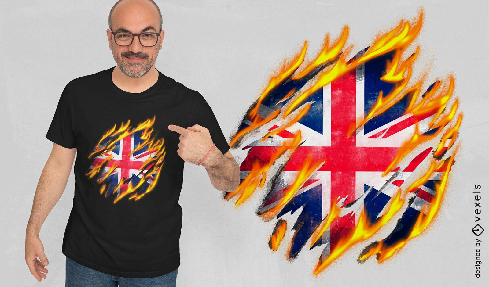 Diseño de camiseta de bandera británica en llamas