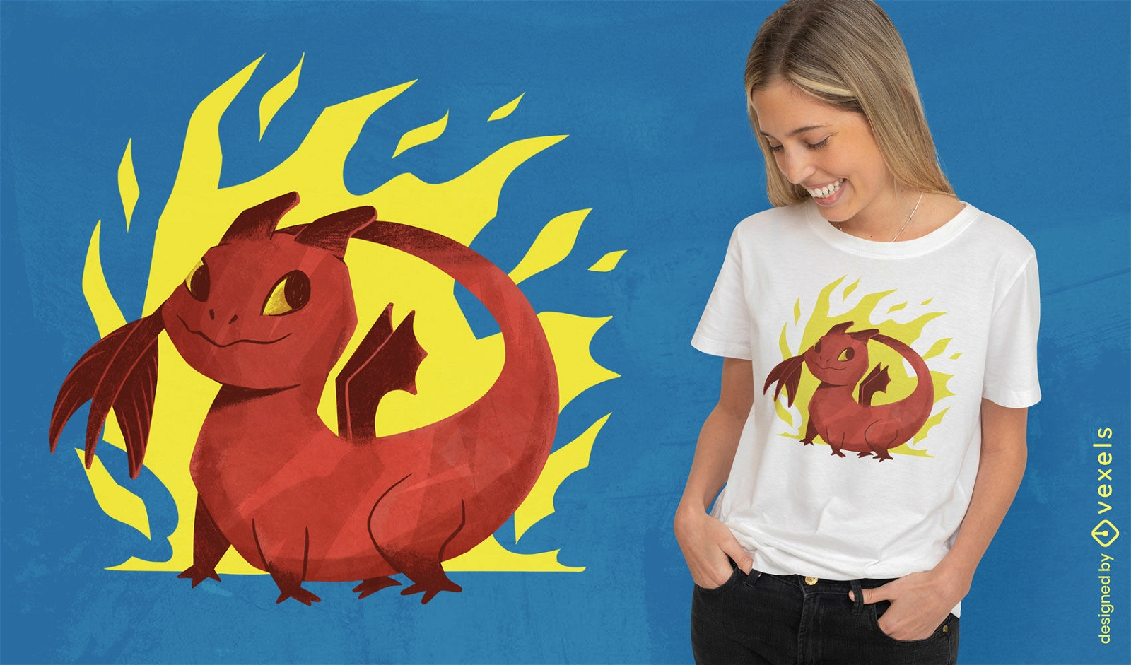 Diseño de camiseta de dragón y llamas de dibujos animados