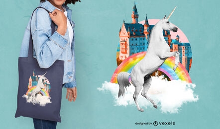 Unicornio con diseño de tote bag de arcoiris y castillo