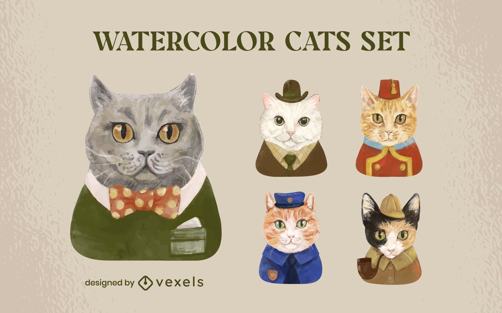 Conjunto de caracteres de gatos em aquarela