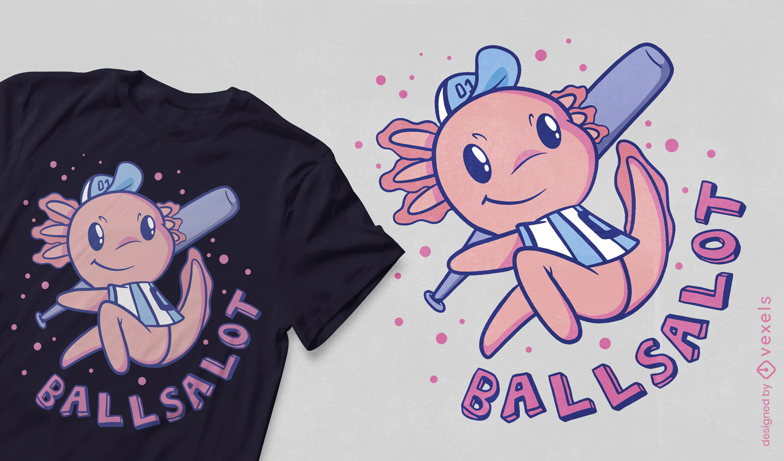 Axolotl jugando diseño de camiseta de béisbol.