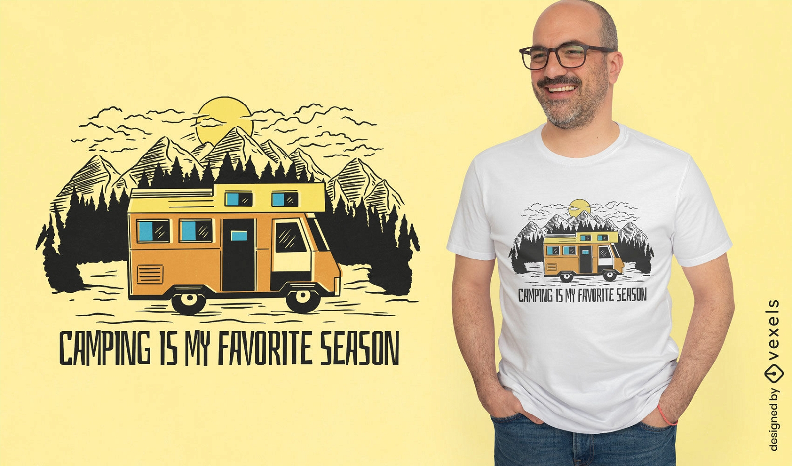 Diseño de camiseta de conducción de caravanas en el bosque.