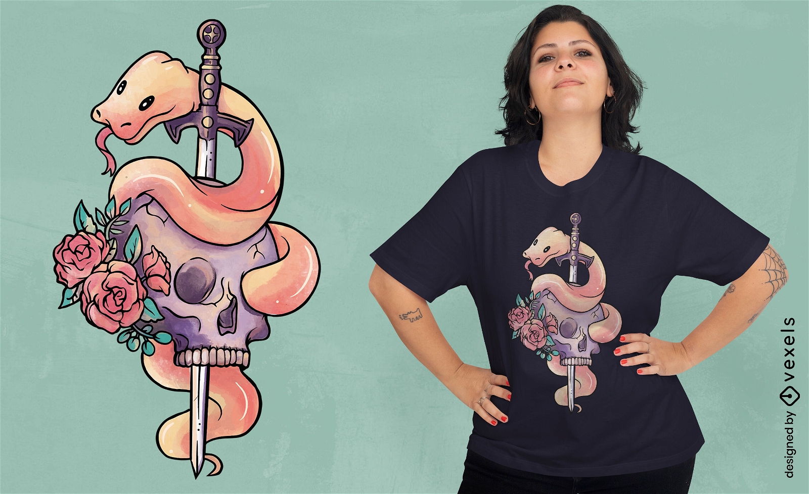Snake with sword and skull t-shirt design