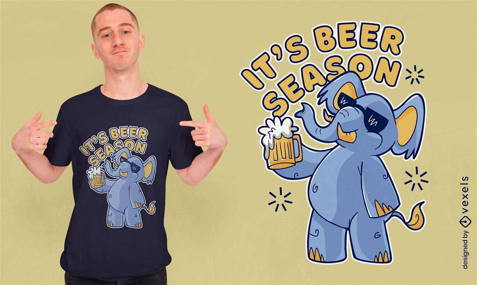 Diseño de camiseta de elefante bebiendo cerveza.