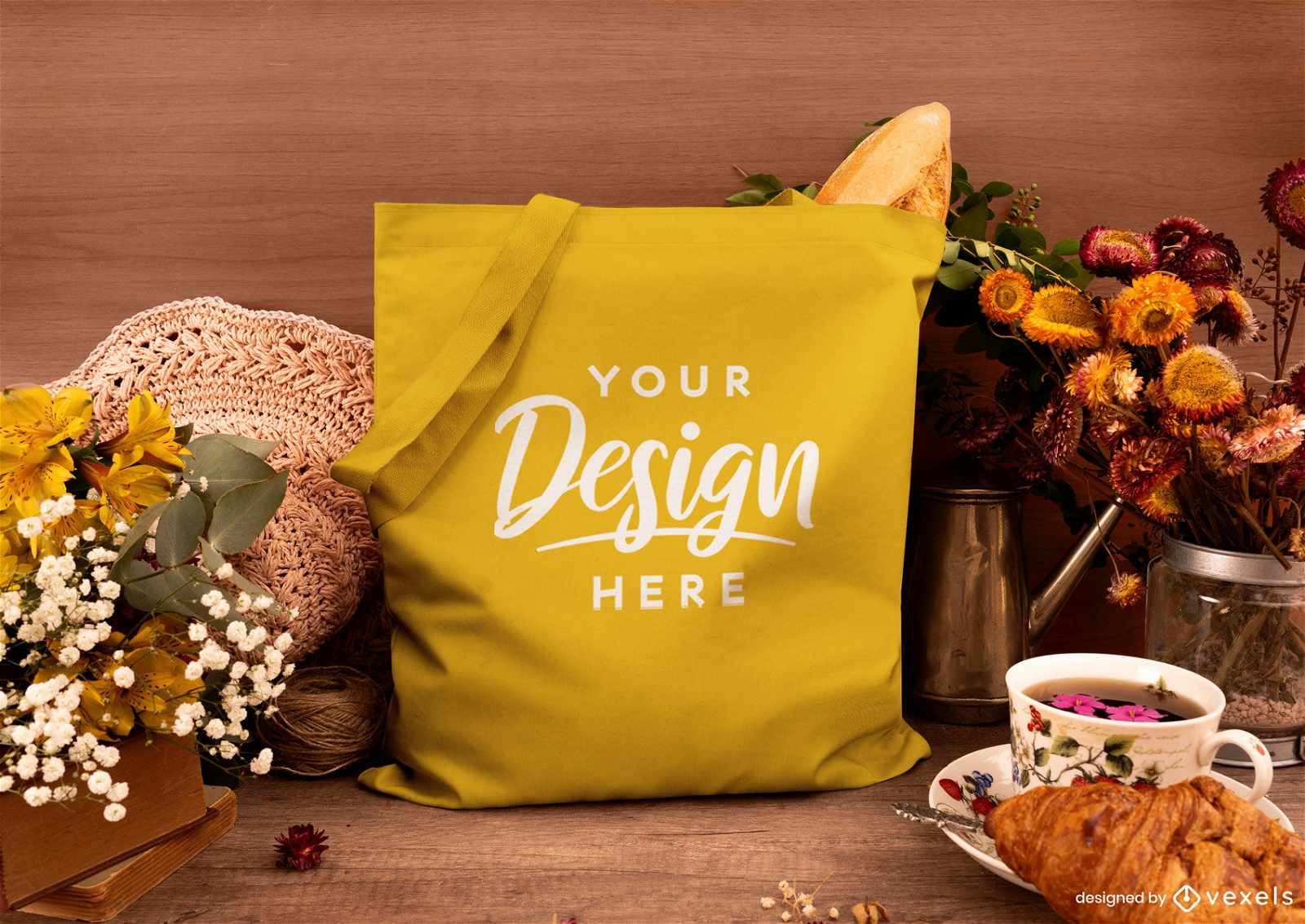 Flowers and tea time with tote bag mockup