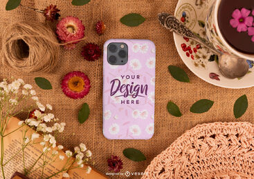 Piquenique com flores e maquete de capa de telefone