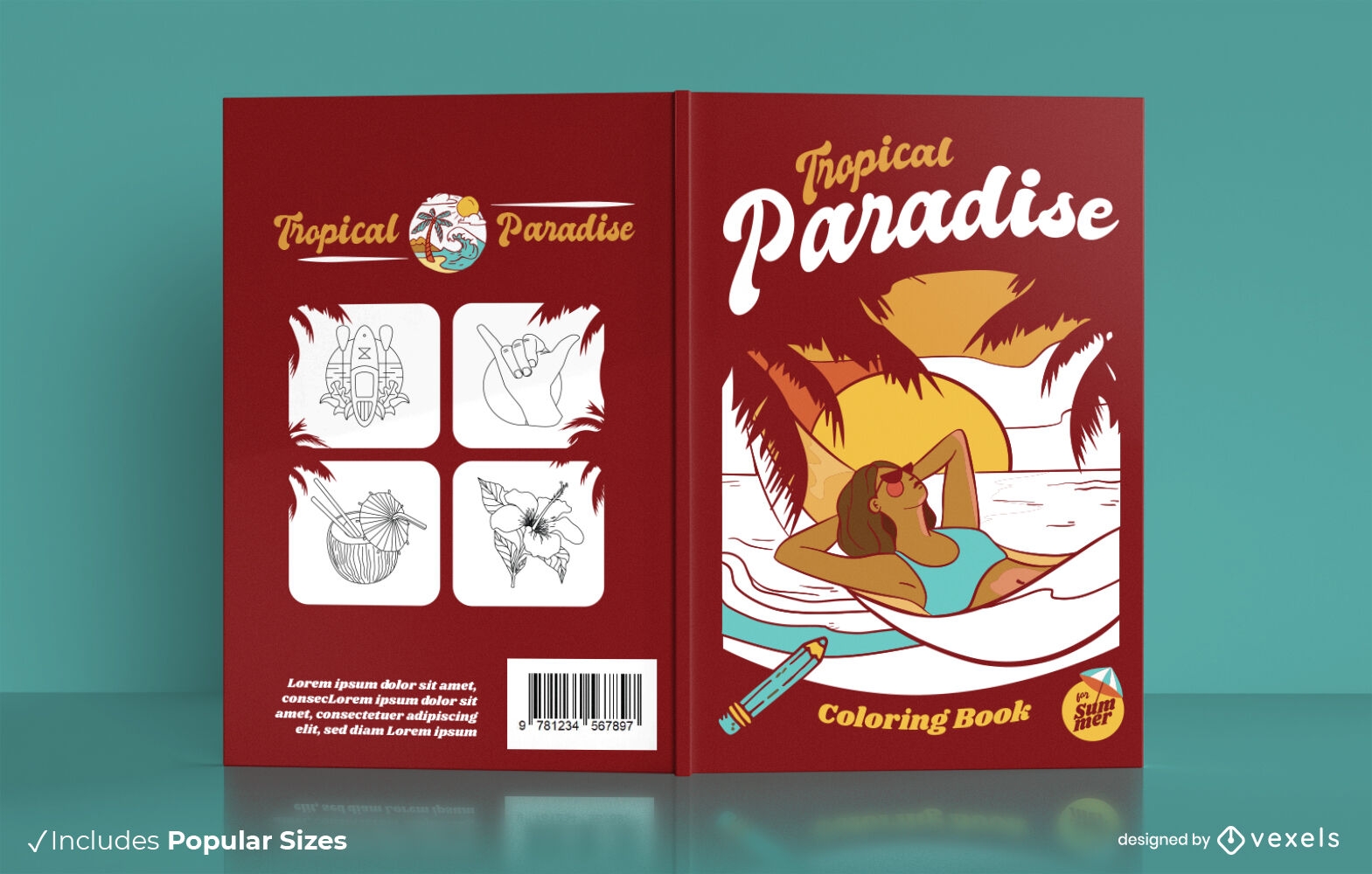 Diseño de portada de libro para colorear paraíso tropical