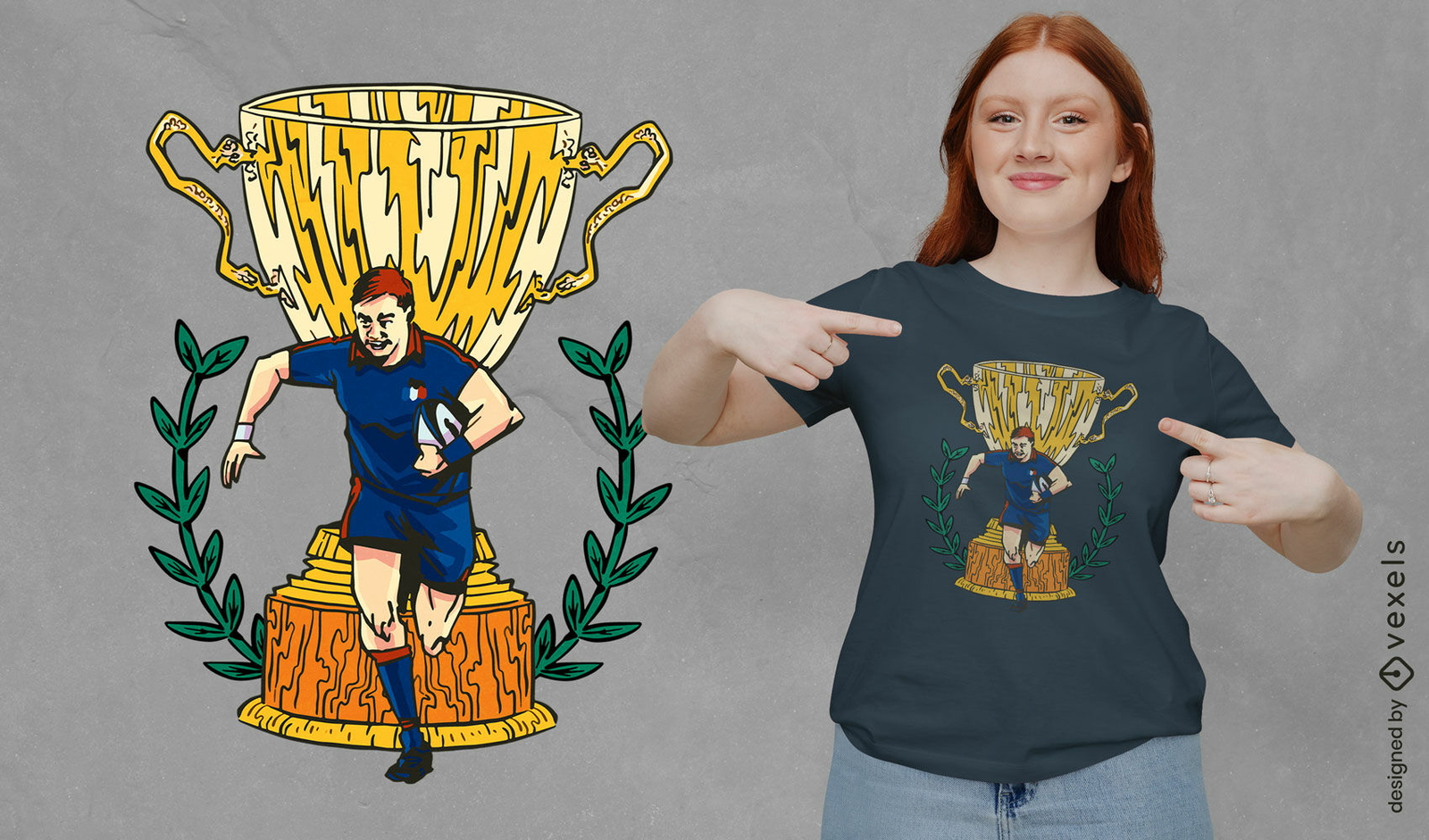 Diseño de camiseta de jugador de rugby francés y trofeo.