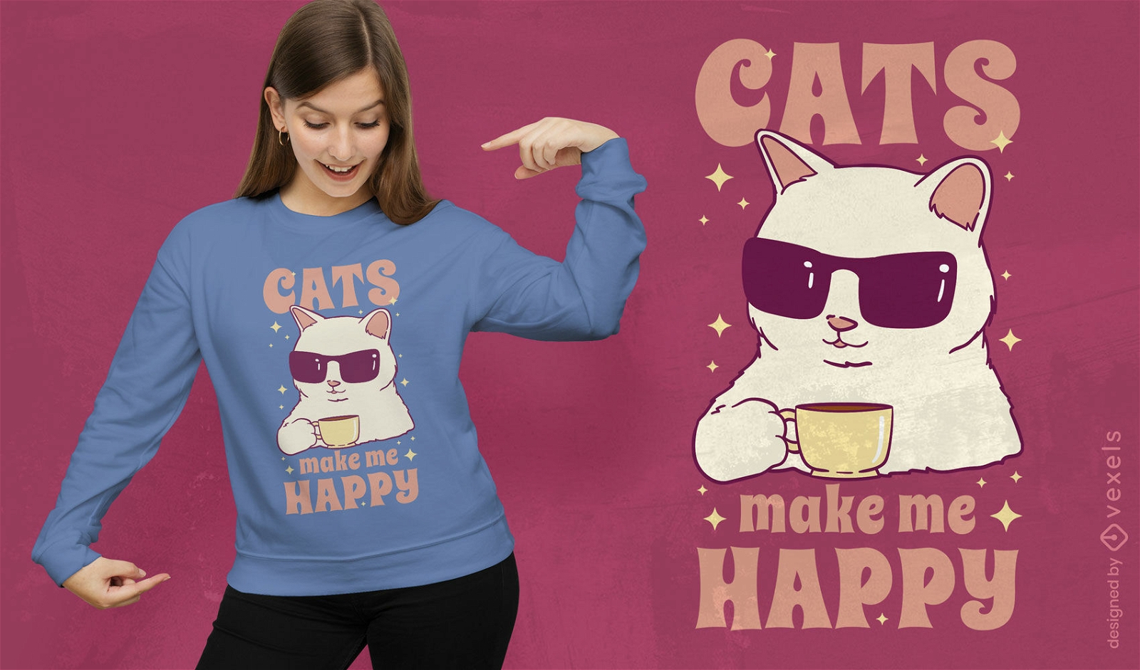 White cat drinking coffee t-shirt design