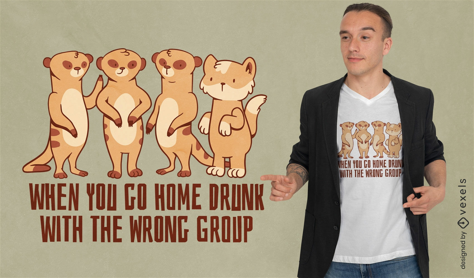 Dise?o de camiseta de animales gato y suricatas.