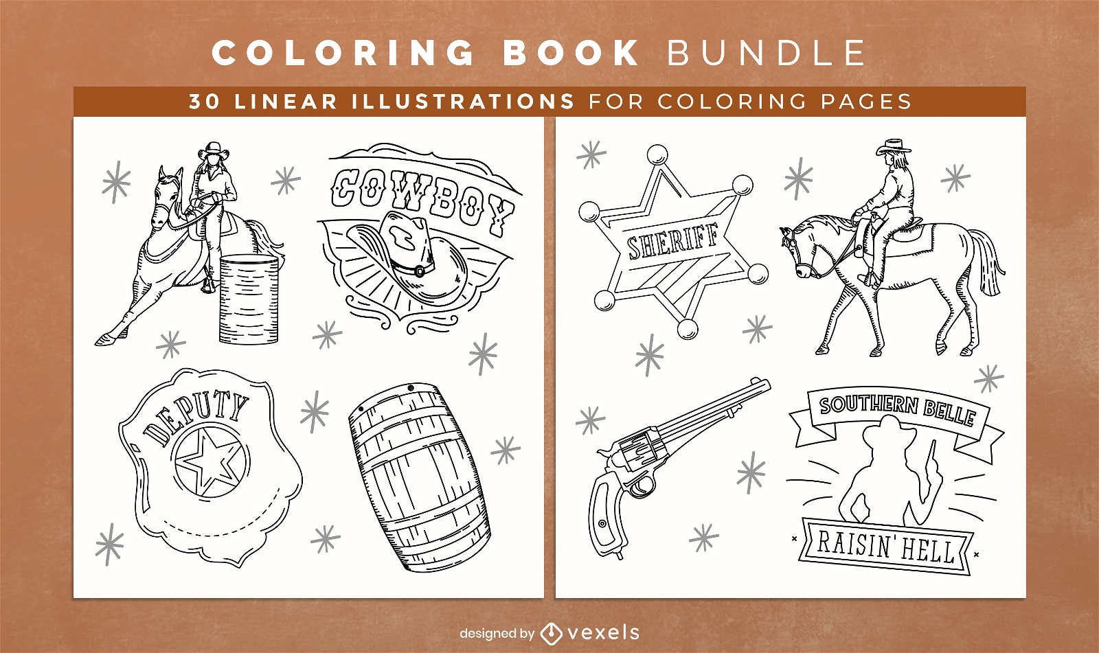 Cowboy elements coloring book pages design