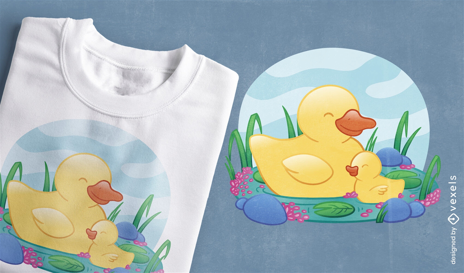 Animais de pato felizes em um design de camiseta de lagoa