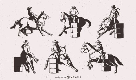 Cowboys barrel racing with horses set