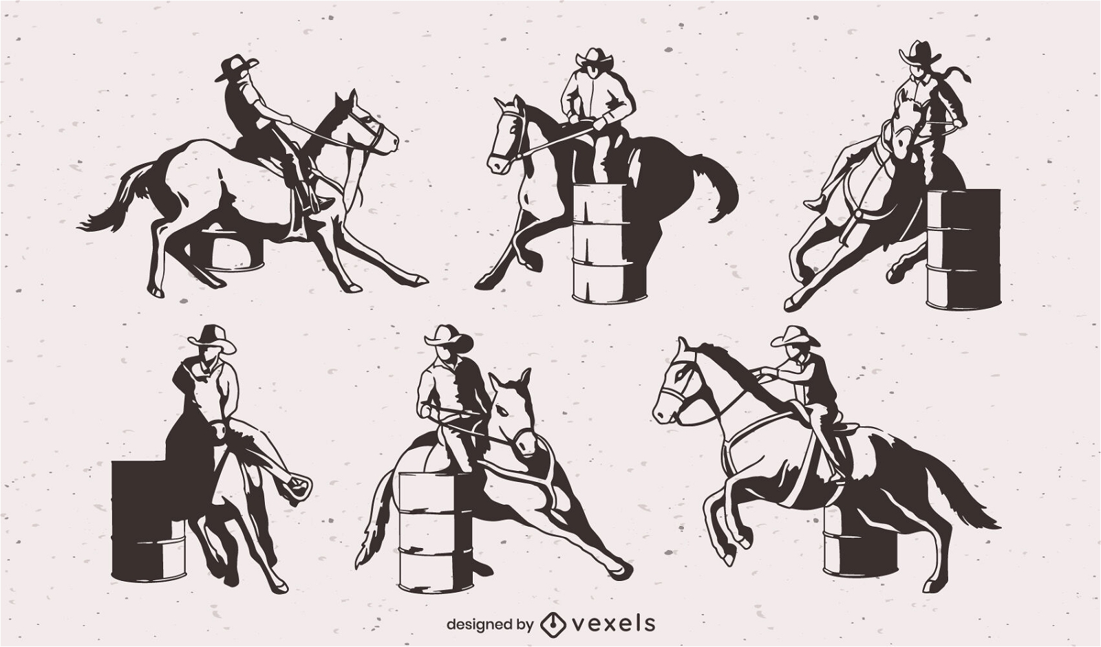 Corrida de barril de cowboys com conjunto de cavalos