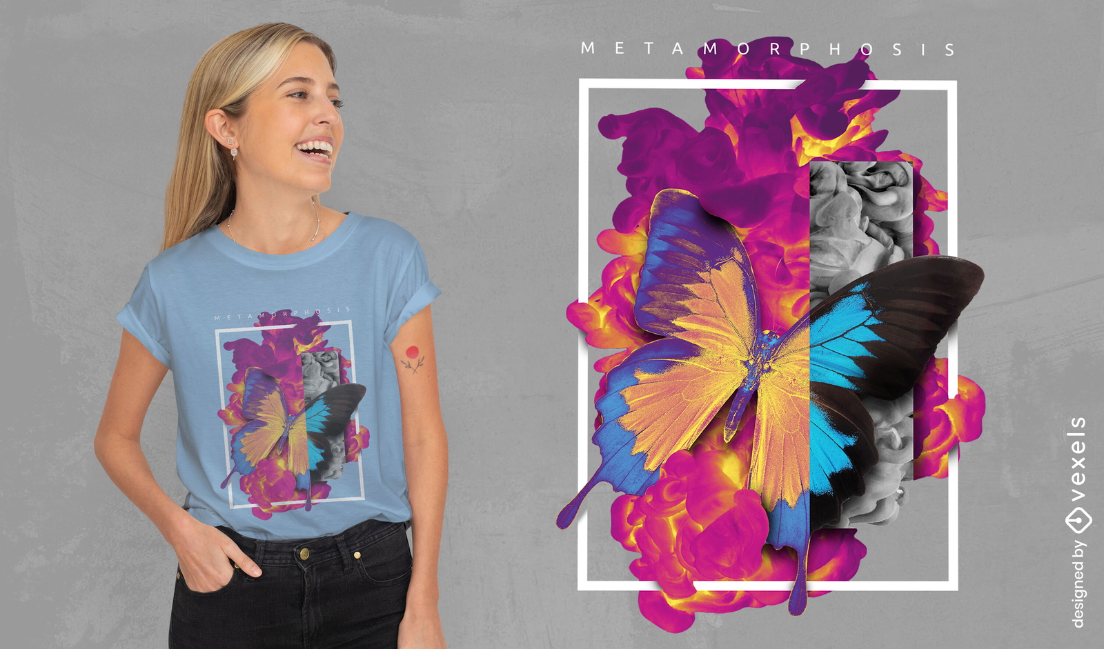 Camiseta holográfica mariposa volando psd