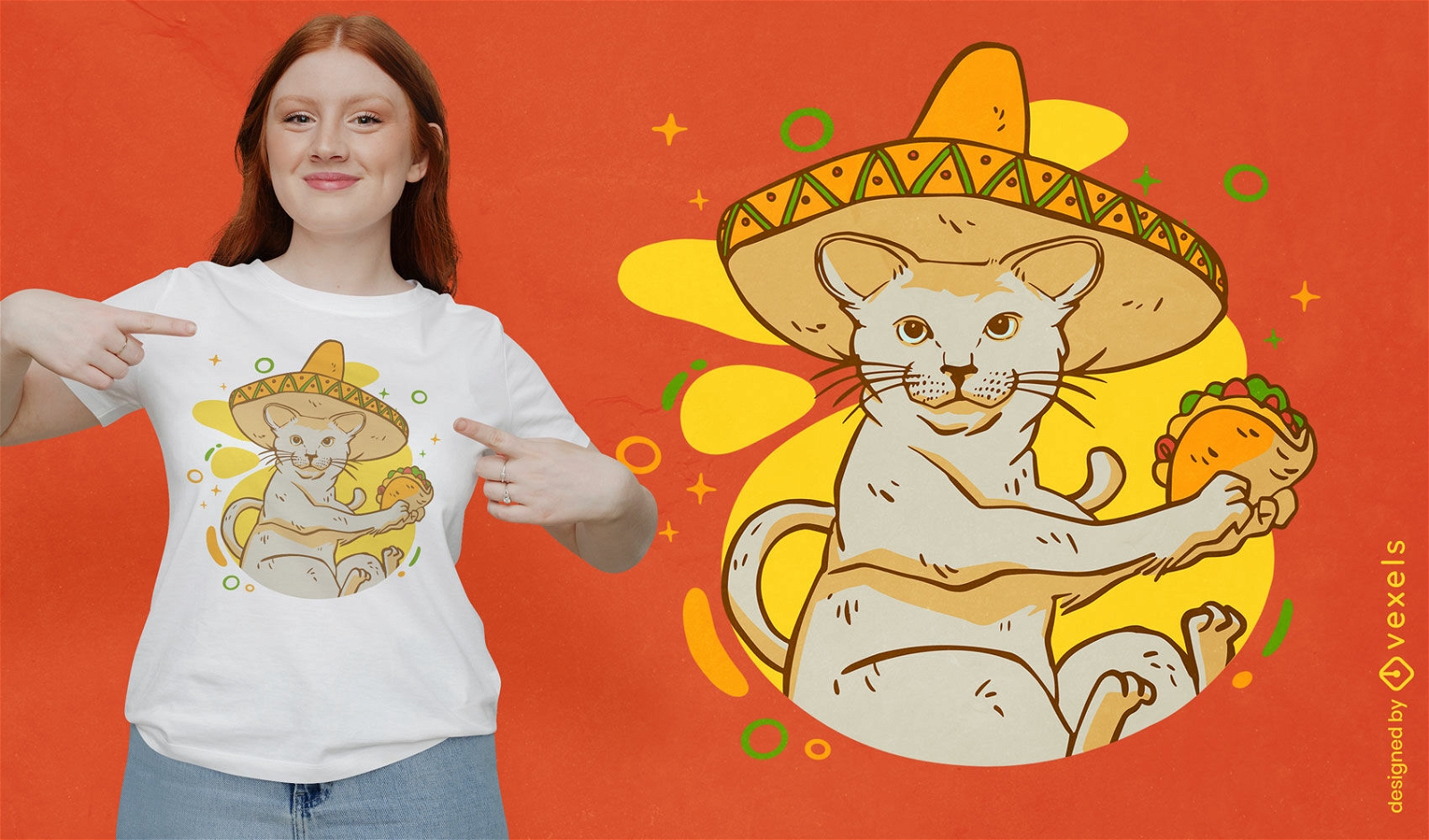 Gato com chapéu mexicano e design de t-shirt de taco