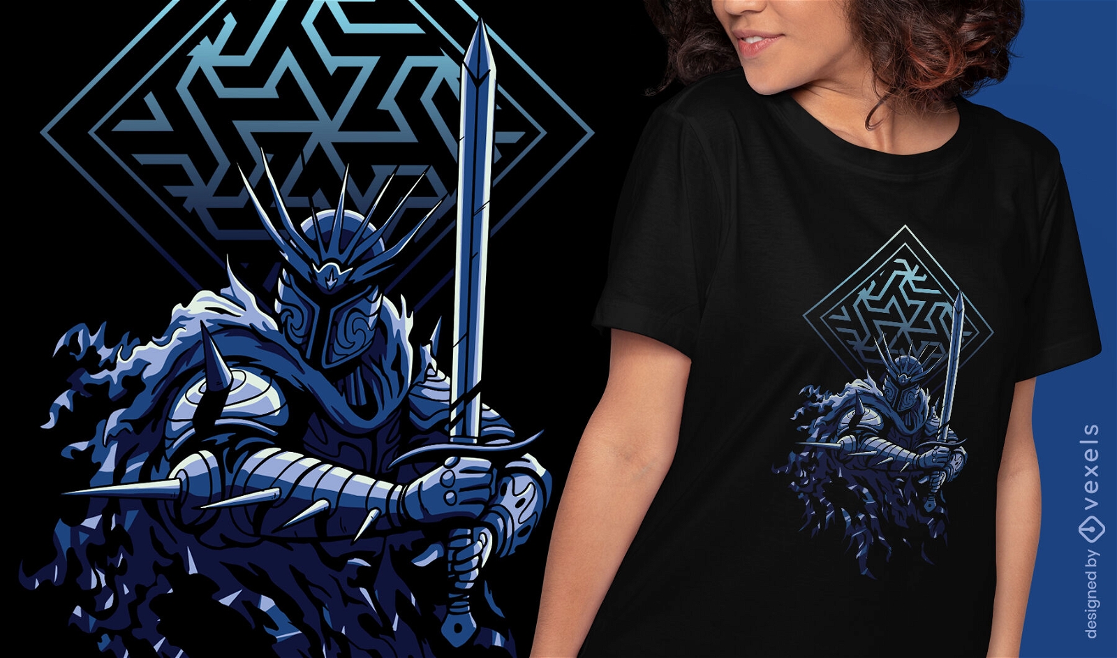 Design de camiseta de cavaleiro de espada de fantasia sombria