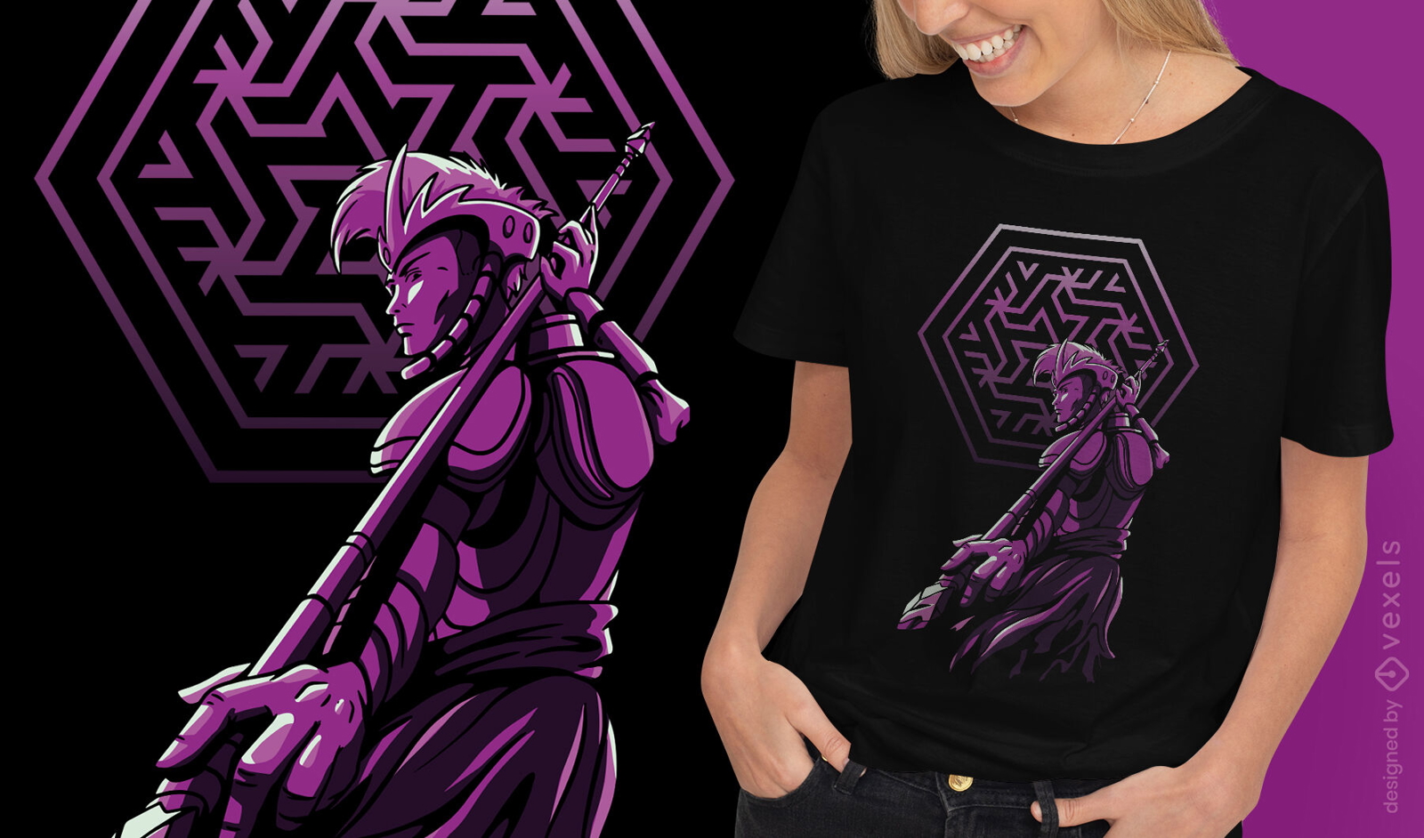 Design de camiseta de mulher guerreira de fantasia escura