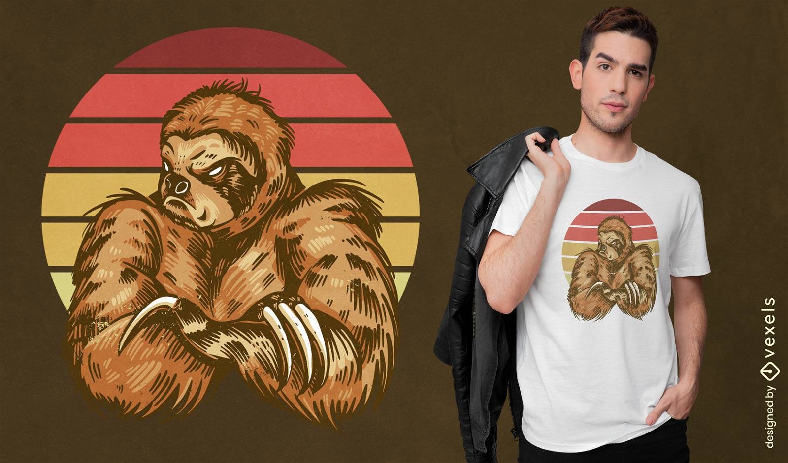 Grumpy sloth animal retro sunset t-shirt design