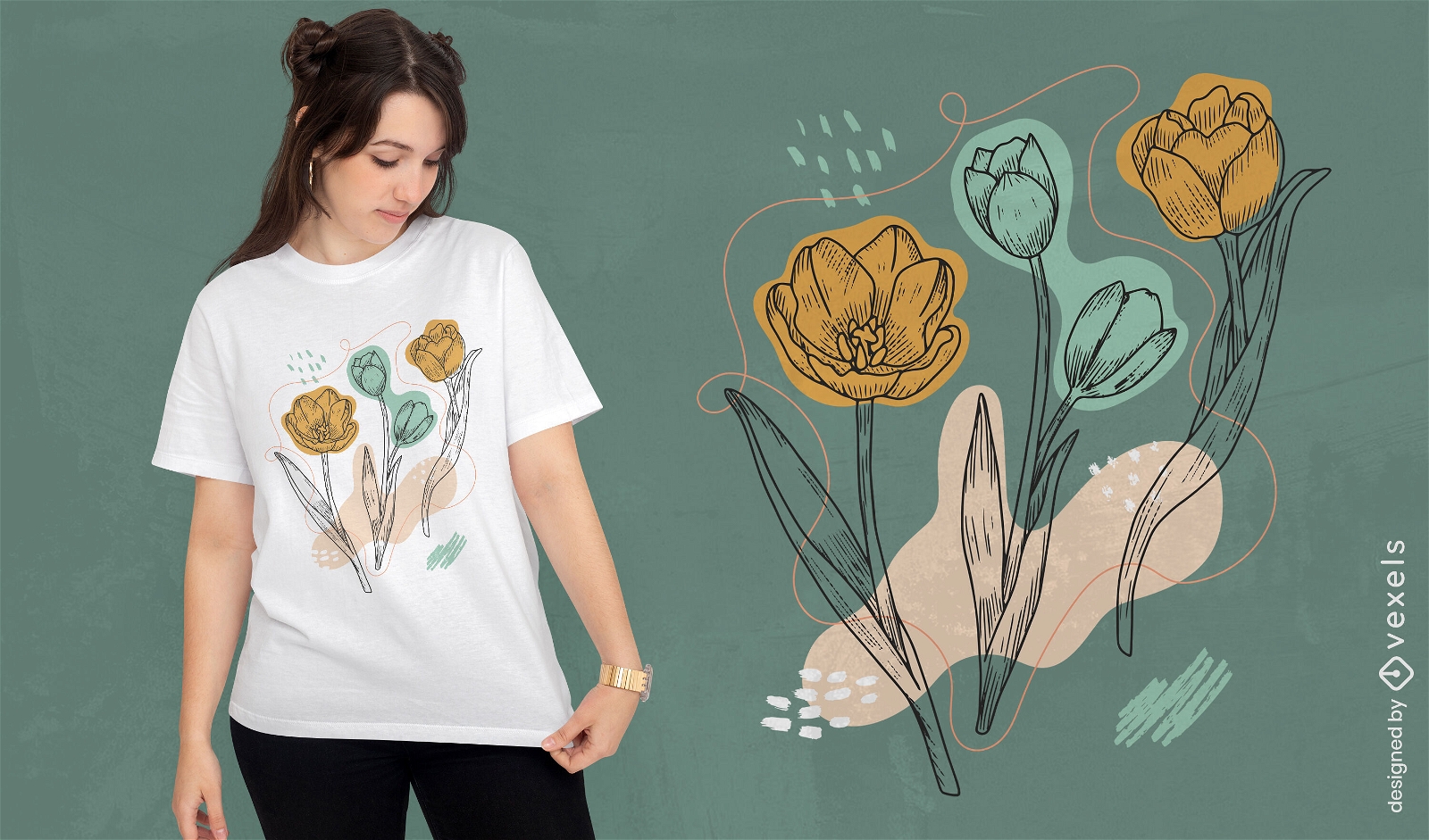 Diseño de camiseta abstracta orgánica de flores de tulipán.